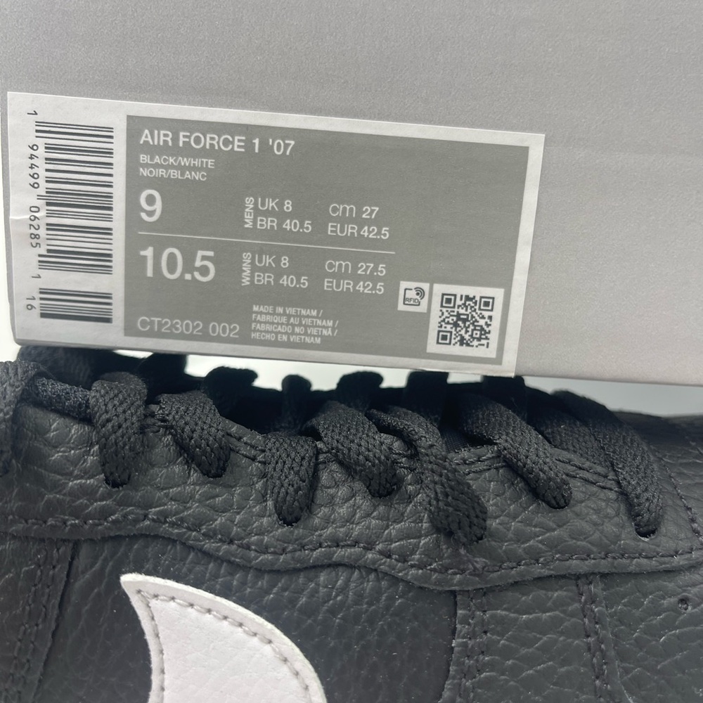 Nike Men’s AIR FORCE 1'07
BLACK/WHITE
NOIR/BLANC CT2302 002 Platform Sneakers - Picture 11 of 16
